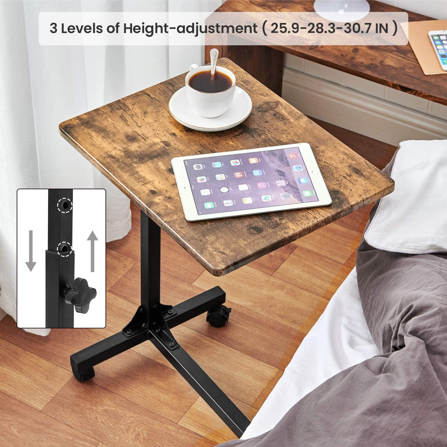 Coavas Over Bed Table C Side Rolling Table with Lockable Wheels Medical Portable Notebook Laptop Desk 3 Adjustment Levels TV Tray Table for Eating Breakfast, Walnut (18.9 x 14.6 x 26.4-31.1 inch): Kitchen & Dining