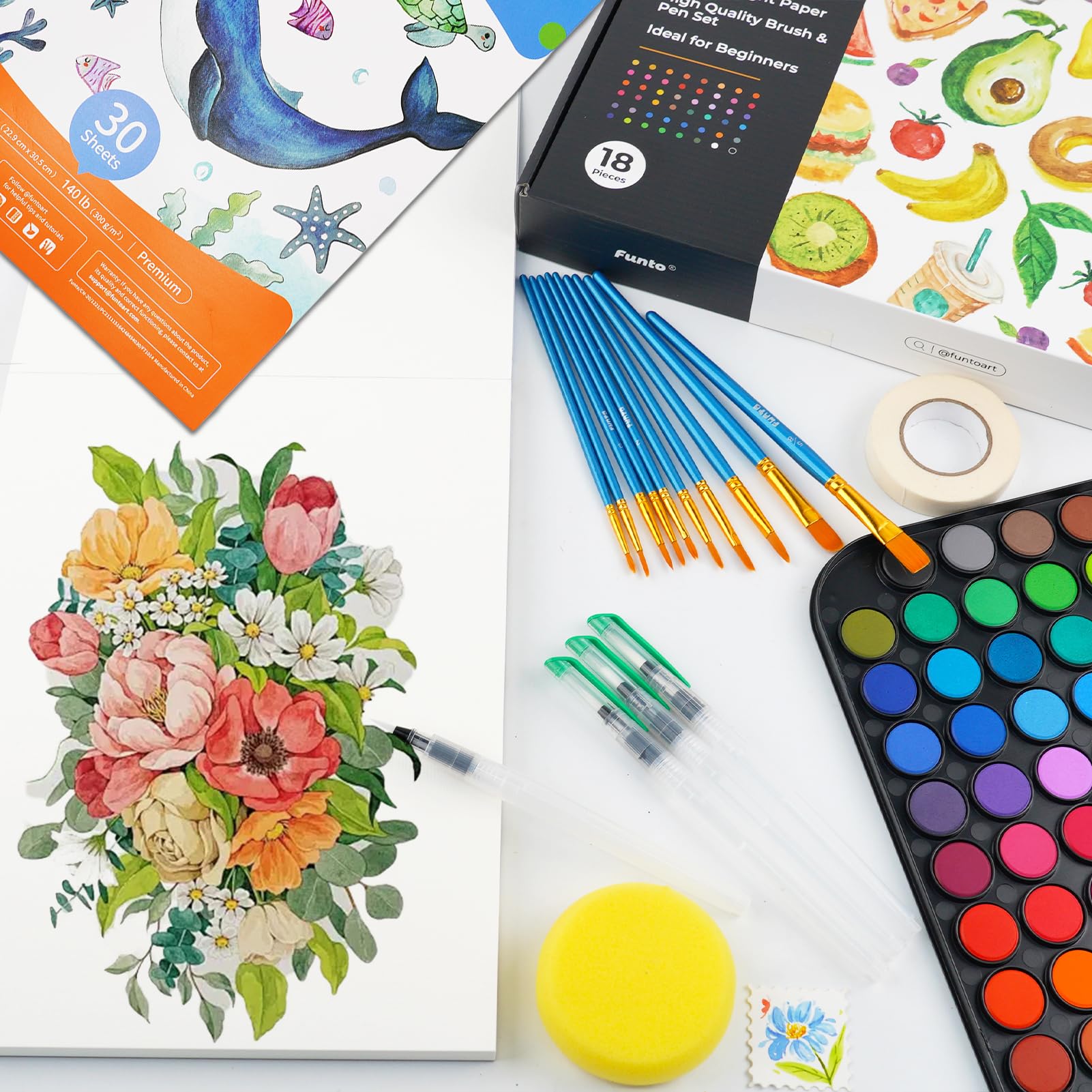 Funto Watercolor Set, 48 Color Paint Set, 10 Brushes, 30 Page Pad(9