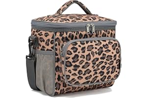 FlowFly Insulated Reusable Lunch Bag Adult Large Lunch Box for Women and Men with Adjustable Shoulder Strap,Front Zipper Pocket and Dual Large Mesh Side Pockets,Leopard