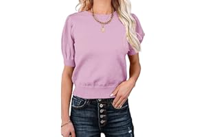 MACNOORA Womens Puff Short Sleeve Sweater Tops Crewneck Basic Knit Pullover Lightweight Solid Casual Sweaters Blouse