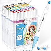 Ohuhu Water-based Markers for Adult Coloring Books No Bleeding 64 Colors Dual Tips Coloring Markers for Kids Adults Beginners Drawing Pens for Journaling Lettering (Brush & Chisel)