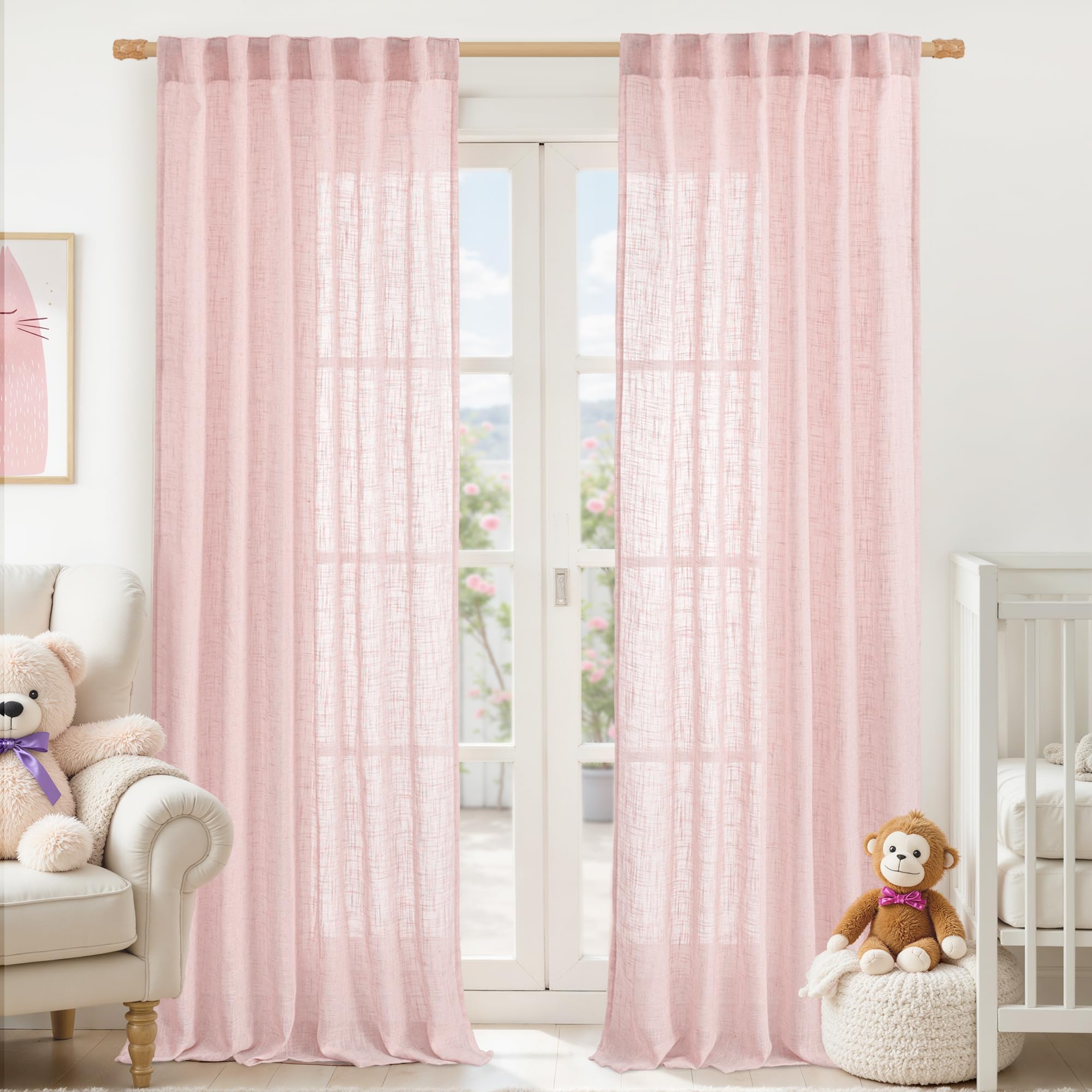 LAMIT 95 Inches Long Pink Linen Curtains for Living Room, Back Tab and Rod Pocket Semi Sheer Curtains Light Filtering Farmhouse Drapes for Bedroom/Dining Room, Set of 2, 52 x 95 Inch Image