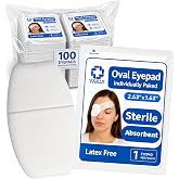 Vakly 100 Sterile Oval Eye Pads - Soft Absorbent 2 5/8 x 1 5/8 Eye Shaped Medical Gauze Pad with Thick Protective Filler, Individually Wrapped - Shaped for Comfort, Compressed Edges to Reduce Lint