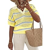 Saodimallsu Womens Short Sleeve Crochet Sweater Tops Striped Polo V Neck Collared Knit Shirts Summer Vacation Outfits