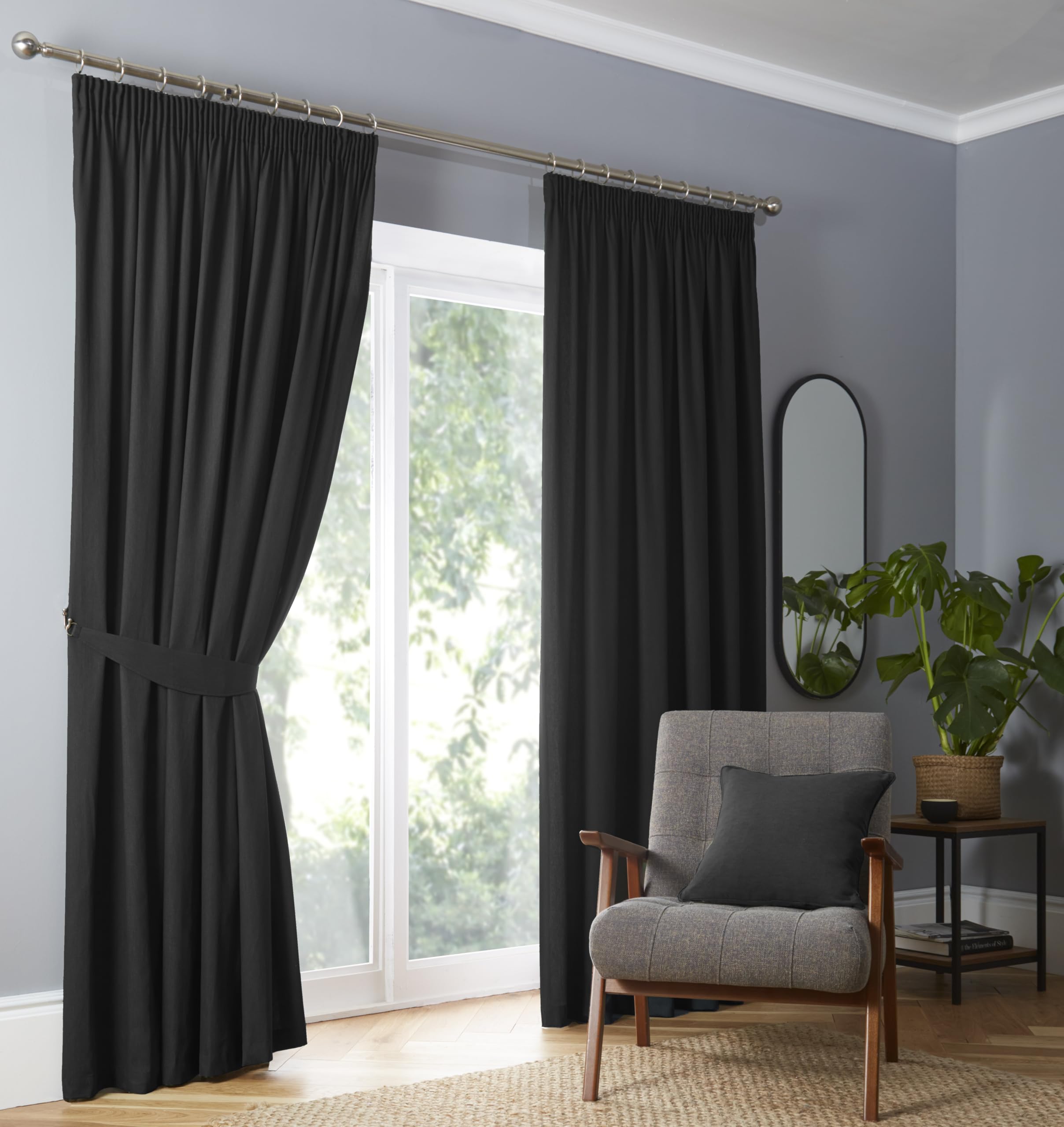 Fusion Black Blackout Pencil Pleat Curtains W46 x L54 (117 x 137cm) – Thermal Lined – 2 Panels – Plain Black Drapes for Bedroom & Living Room Windows
