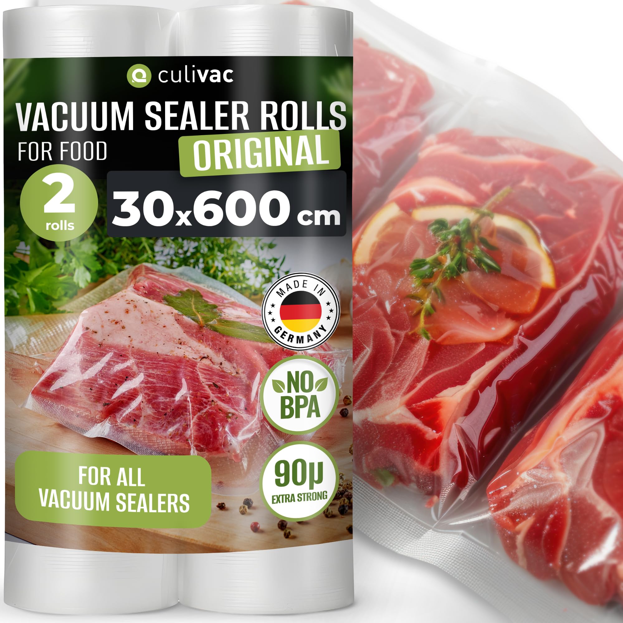 culivac Vacuum Sealer Rolls Original – Vacuum Sealer Bags – Vacuum Bag for Food –Sous Vide Bags – 2 Rolls Embossed BPA-Free – Cut-to-Size Heat Seal Bag – 30x600cm – 2 rolls