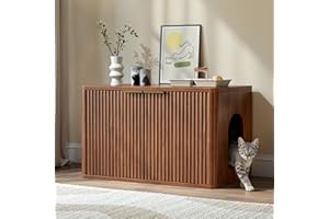 Evermagin 31.5" Walnut Cat Litter Box Enclosure Furniture, Large Hidden Litter Box Cabinet, Entry Can Install Left/Right, Mid Century Modern Fluted Kitty End Table for Living Room, Entryway, Bedroom