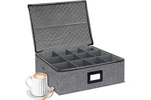 Mug Coffee Storage Box with Dividers - Stackable Glass China Storage Containers Hard Shell with Lid, Label and Handles, Holds