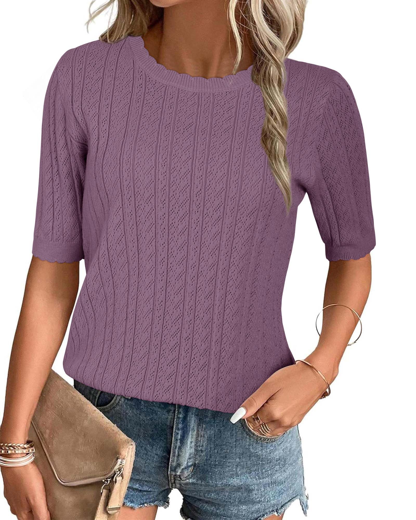 Arach&Cloz Womens Summer Fall Sweater 2025 Tops Trendy Dressy Business Short Sleeve Casual Blouses Outfits Crew Neck Fashion Clothes Knit Pullover Cute Shirt Plus Size Vacation Resort Wear Purple