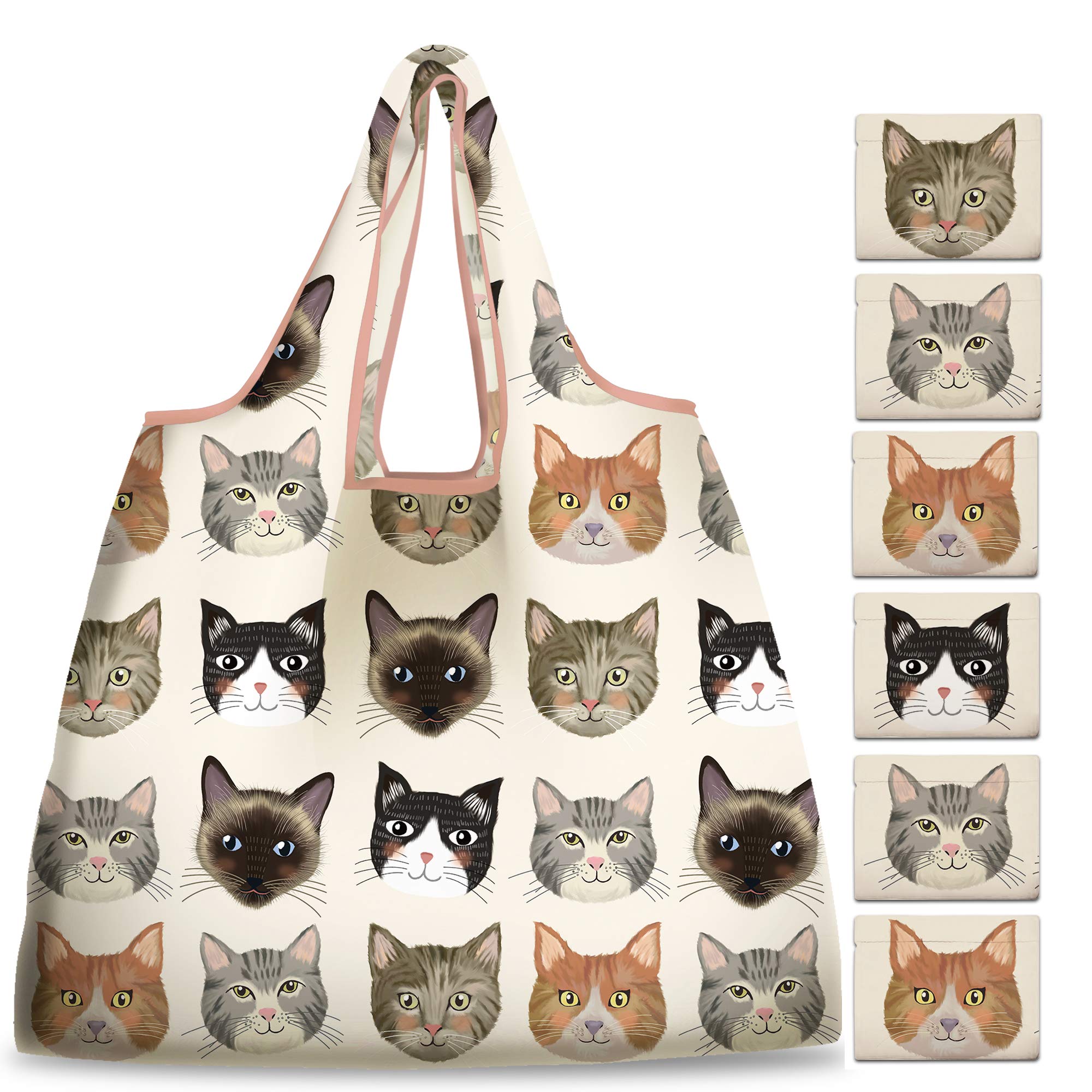 NymphFable 6 Pack Grocery Bags Reusable Cute Cat Animal Shopping Bags Washable Foldable Waterproof 50LBS