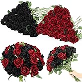 Ovveroche 80 Pcs Roses Artificial Flowers, Silk Black & Red Artificial Flowers Petals Long Stem Roses for Wedding Bouquet Home Party Decor