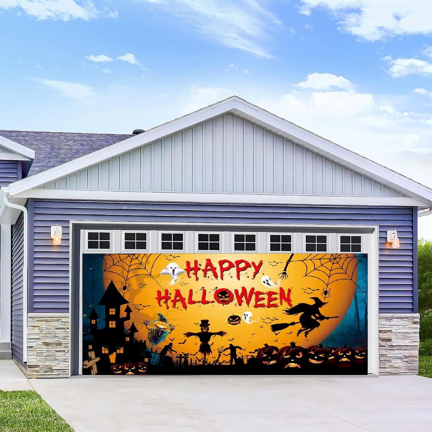 Garage Door Decorations - WES TAYIN 13 x 6 ft Happy Halloween Garage Door Decorations, Large Halloween Pumpkin Ghost Banner Backdrop Halloween Decoration for Halloween Indoor Outdoor Wall Door