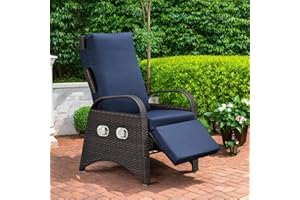 Outdoor Recliner Chairs, PE Wicker Reclining Lounge Chair with Removable Soft Cushion, Adjustable Outside Recliners for Patio