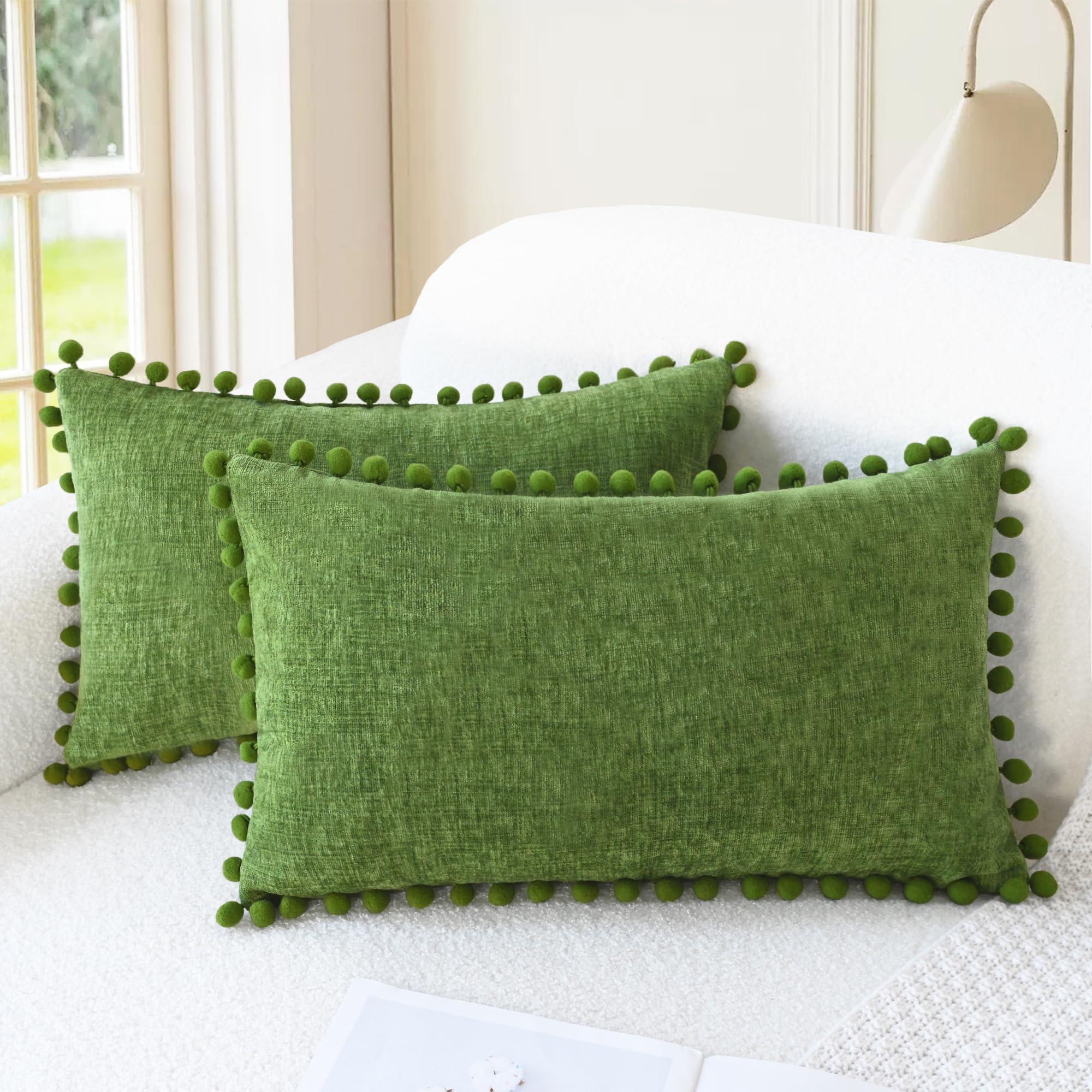 CaliTime Throw Pillow Cases Pack of 2 Cozy Solid Dyed Soft Chenille Cushion Covers with Pom Poms for Couch Sofa Home Decoration 30cm x 50cm Forest Green