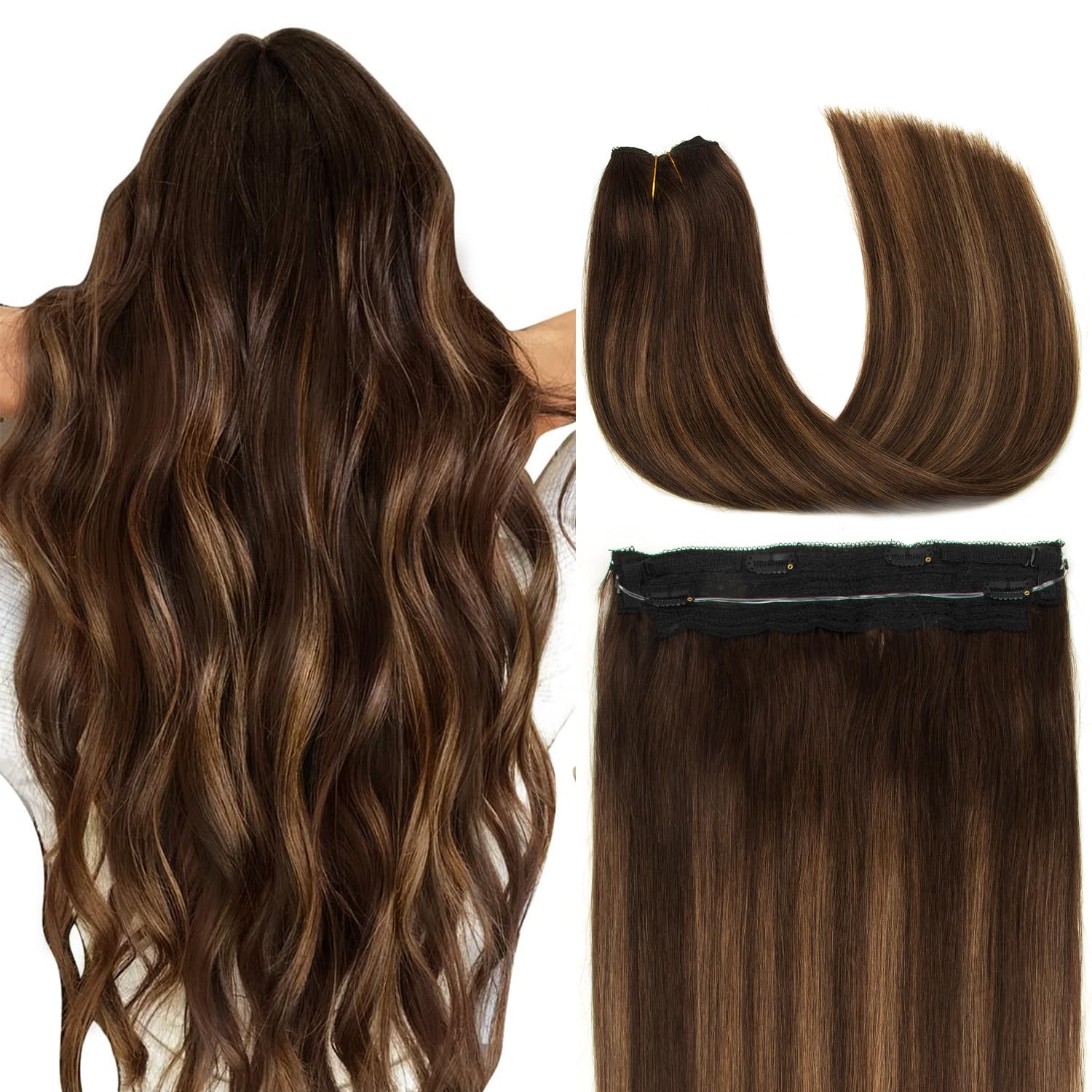 AGMITY Wire Hair Extensions Human Hair Dark Brown with Chestnut Brown Balayage 18 Inch 90g Invisible Wire Hair Extensions with Transparent Seamless Fish Line Hairpiece(18 Inch #P2/6/T2) — image 1