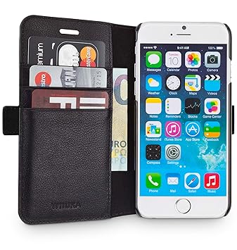 WIIUKA Echt Ledertasche -TRAVEL Away- für Apple iPhone 6S und iPhone 6 mit Vier Kartenfächern, extra Dünn, Tasche Schwarz, Le