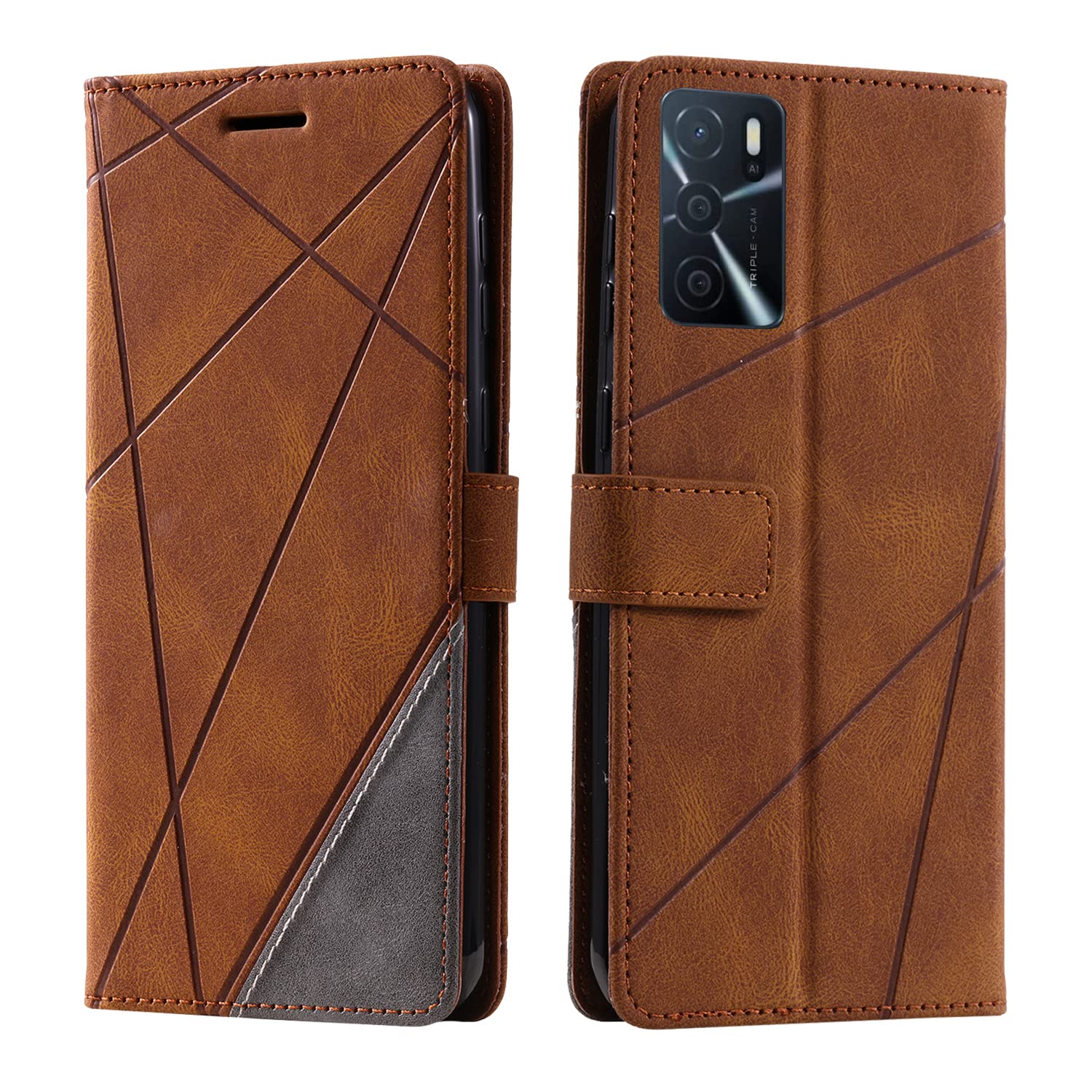 Oppo A16S/A16/A54S Case: Premium Leather Stand Notebook Wallet Flip Folio TPU Bumper Magnetic Clasp Protective Cover with Card Slot Photo Slot, Brown โ image 1