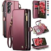 Defencase Compatible with Samsung Galaxy S22 Plus Case Wallet with RFID Blocking Card Holder for Women, PU Leather Magnetic Snap Flip Zipper Strap Phone Case Fit for Galaxy S22 Plus 5G 6.6", Wine Red