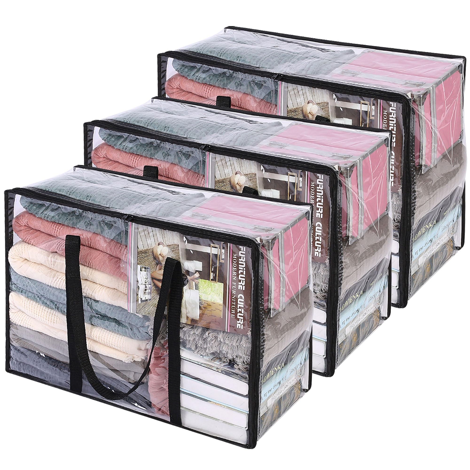 Vieshful 3 Pack Clear Comforter Storage Bag, 40L Clothes Storage Bag with Zipper Closet Organizer, Plastic Storage Containers Moving bags for Comforter, Blanket, Bedding, Duvet, Toys