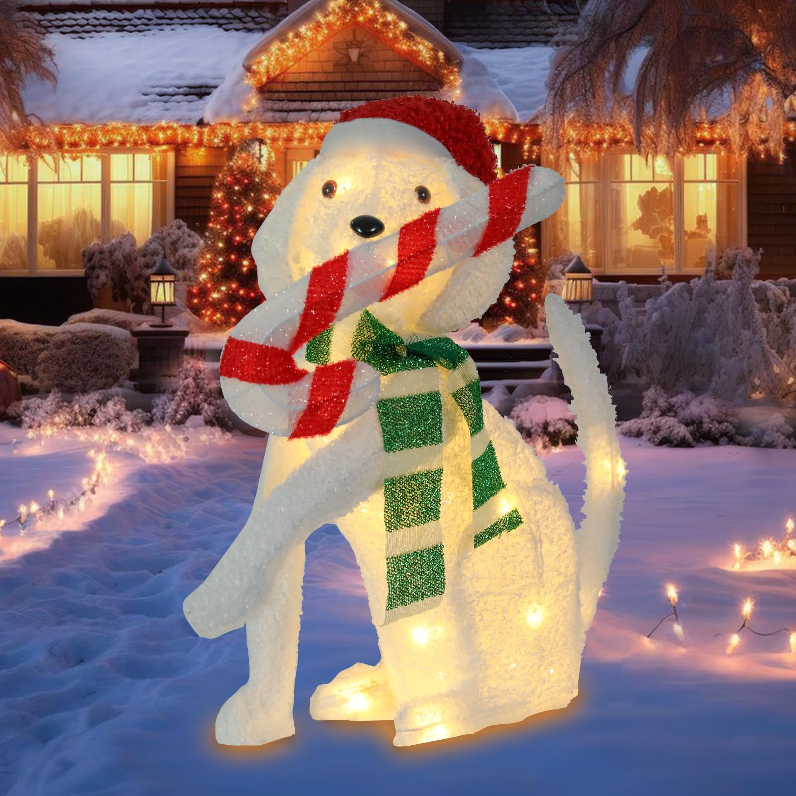 Photo 1 of **missing parts**Bshine Lighted Christmas Outdoor Decoration, 19.6 Inch White Dog Wearing Christmas Hat and Cane, Furry Glowing Holiday Display Cute Puppy, Light Up Christmas Decor for Indoor Outdoor Yard Lawn Garden