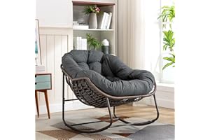 SLEERWAY Outdoor Patio Rocking Chair, Oversized Papasan Chair with Cushion and Frame, Comfy Rattan Wicker Egg Chairs Indoor, Modern Lounge Rocker for Front Porch Living Room Bedroom (Dark Grey, Set of 1)