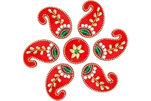 ARTISENIA Premium Paisley Red Acrylic Diwali Rangoli Floor Decorations Table Decoration Studded Stones Sequins Traditional Festive Home Door Décor | 8 X 8 Inch