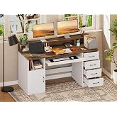 RALGEND 55" Office Desk with Drawers, Farmhouse Executive Desk with Drawers | Farmhouse Desk with File Cabinet &amp; Keyboard Tray, Computer Desk with Power Outlets &amp; LED Lights, White and Walnut