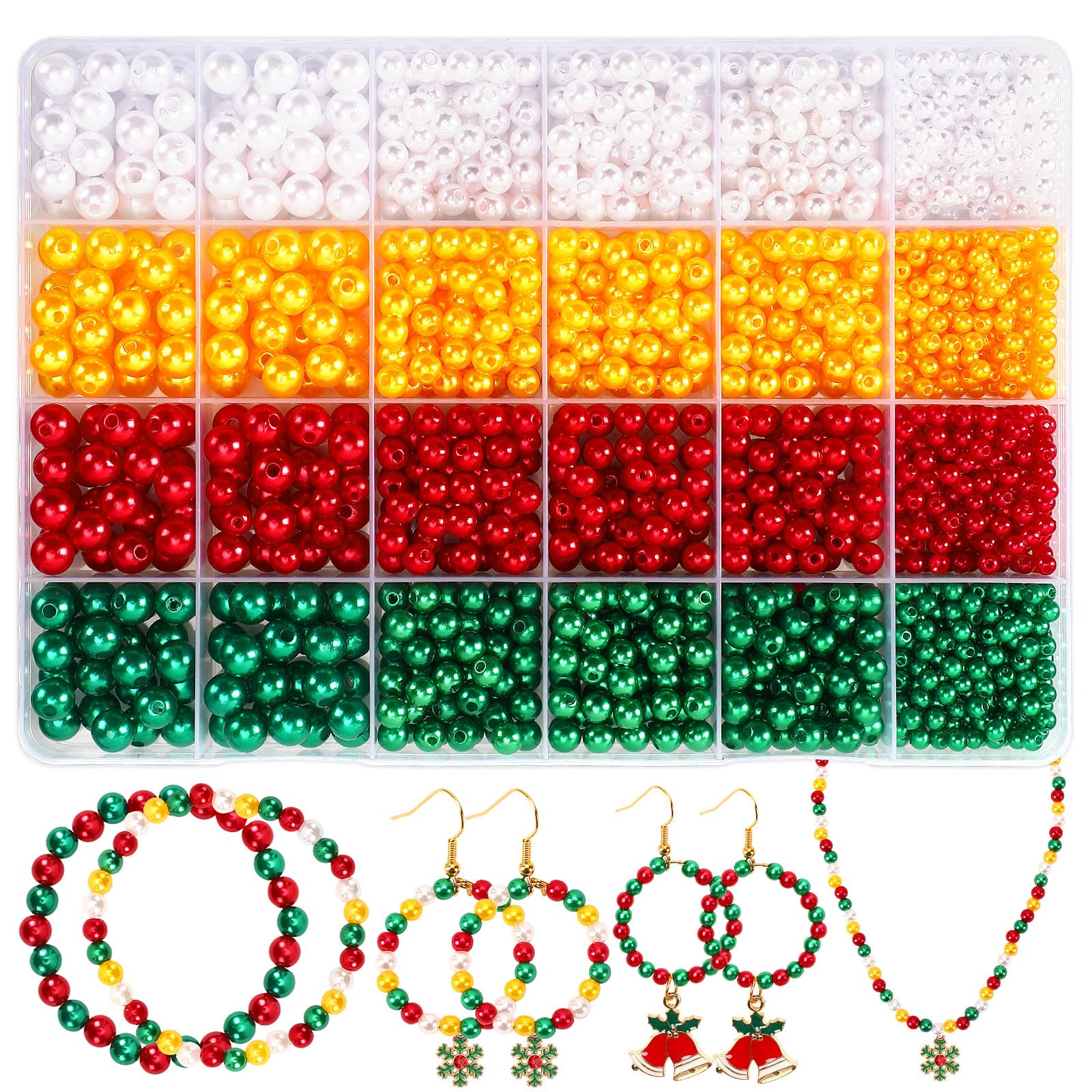 UPINS Christmas Pearl Beads - 1500 Pcs for Jewelry Making, Round Craft Beads 4 mm, 6 mm & 8 mm in Red, Green, Gold & White for Xmas Bracelets & Necklaces