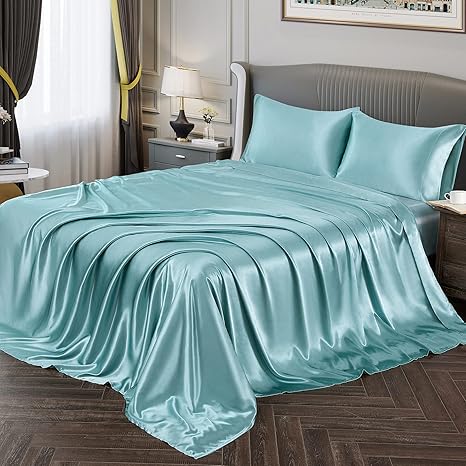 Amazon Com Vonty Satin Sheets King Size Silky Soft Satin Bed Sheets Aqua Satin Sheet Set 1 Deep Pocket Fitted Sheet 1 Flat Sheet 2 Pillowcases Kitchen Dining