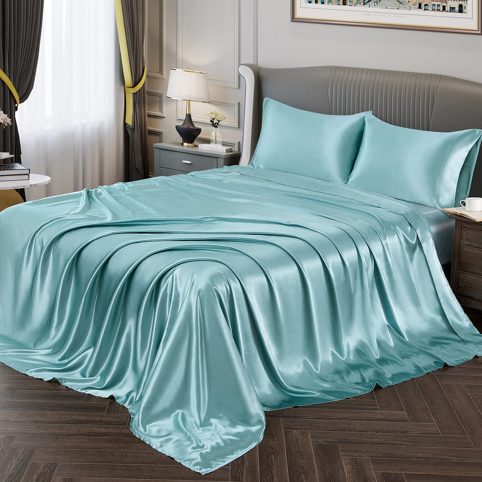 Photo 1 of Vonty Satin Sheets Full Size Silky Soft Satin Bed Sheets Aqua Sheet Set, 1 Deep Pocket Fitted Sheet + 1 Flat Sheet + 2 Pillowcases
