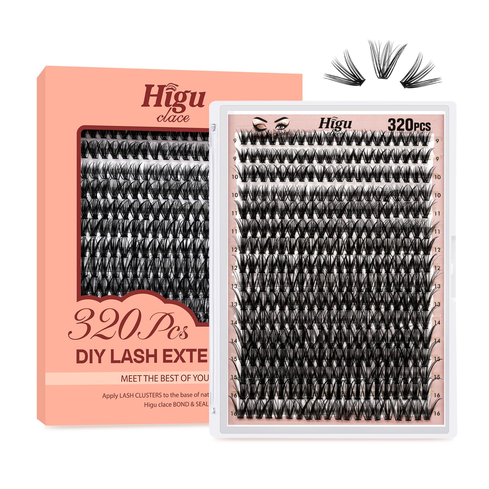 Higu clace Individual Lashes Cluster 320pcs, C curl Lash Clusters 40D DIY Individual Eyelashes 9-16mm Mixed,Wispy Lash Extension Reusable False Lashes Clusters(40D Ccurl 9-16mm) — image 1