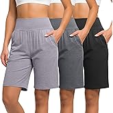 Neer 3 Pack Women's Bermuda Shorts, High Waist Cotton Stretch Casual Bottoms Knee Length Summer Athletic Short with Pockets(Black, Light Mixed Gray, Dark Mixed Gray,Small)