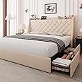 Feonase Upholstered Full Size Bed Frame with 4 Storage Drawers, Charging Station and Tufted Wingback Storage Headboard, No Box Spring Needed, Easy Assembly, Beige