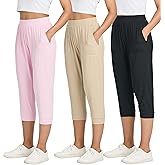 Real Essentials 3 Pack: Women's Ribbed Capri Jogger Lounge Sweatpants with Pockets Yoga Workout (Available in Plus Size)