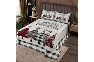 MANFEI Christmas Trees Kids Bedspread King Size,Geometric Grids Ink Tie-dye Coverlet,Girls Boys Adults Bedroom/Xmas Cabin Decor,Rustic Vintage Quilted Coverlet,Black Grey Retro Bedding Quilt,2 Pillowcases