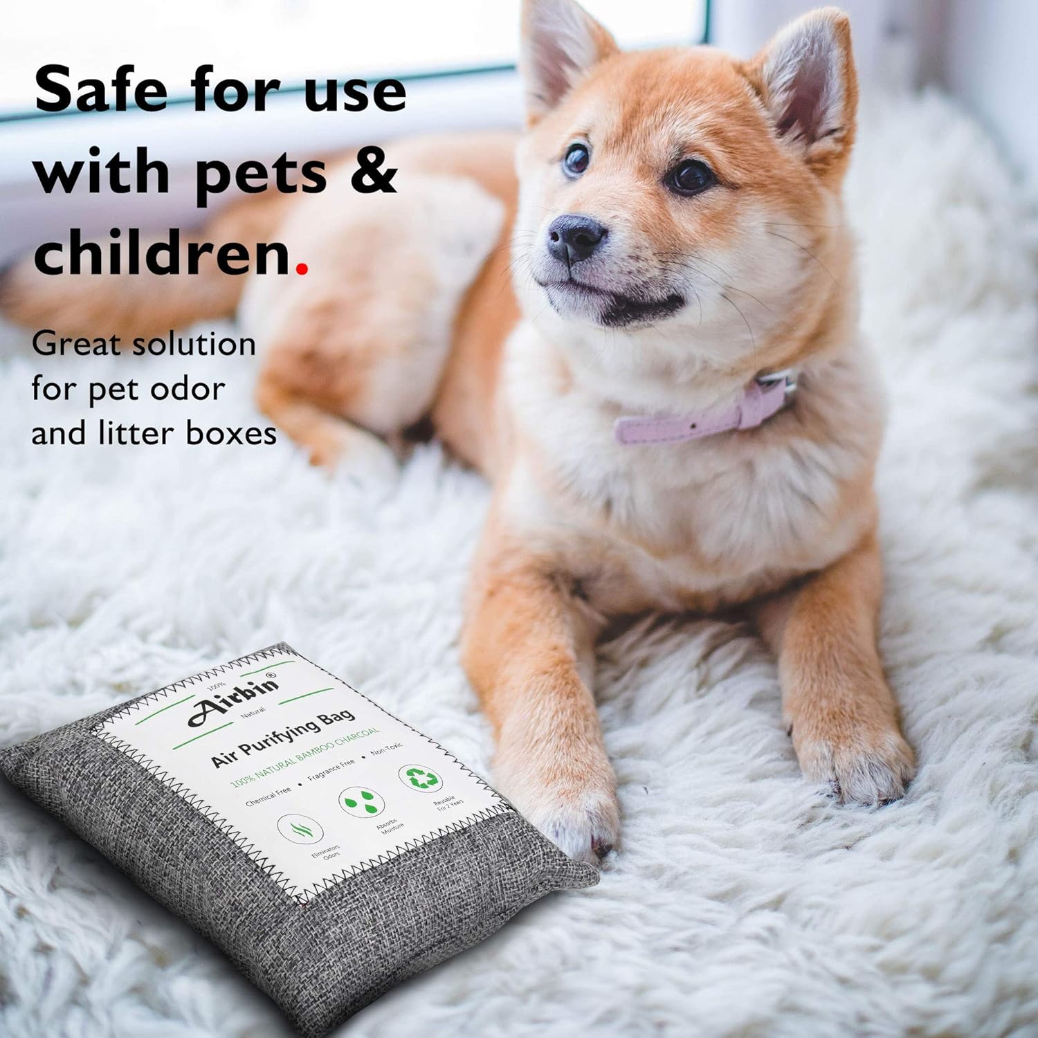 Airbin Bamboo Charcoal Air Purifying Bags 4 Pack，Natural Air Freshener, Odor Absorber for Home, Pets, Shoes, Closet Deodorizer: Kitchen & Dining