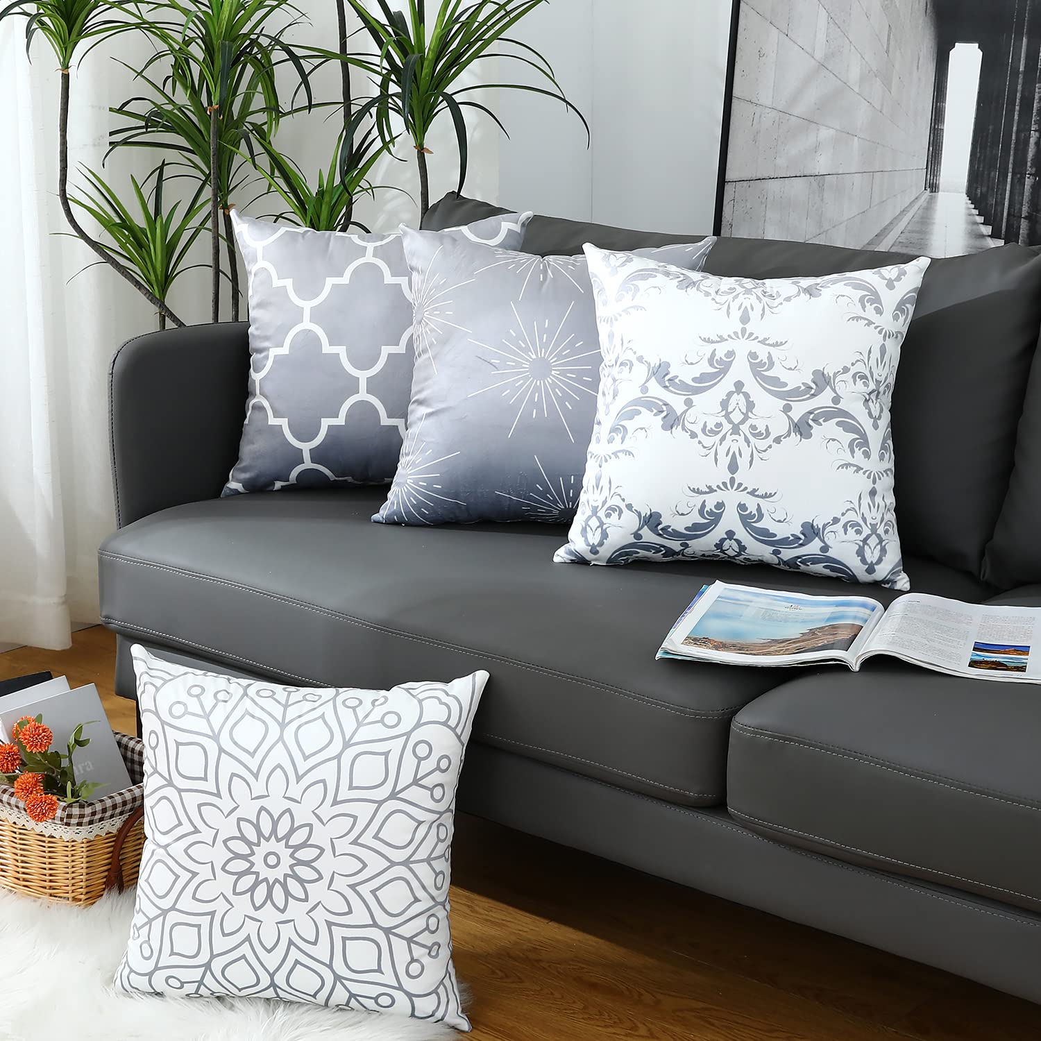 Homefeelzydys Cushion Covers - 40x40 Set of 4 Grey Square Throw Pillow Cases for Outdoor, Patio, Garden, Bench, Living Room, Sofa, Farmhouse Decor