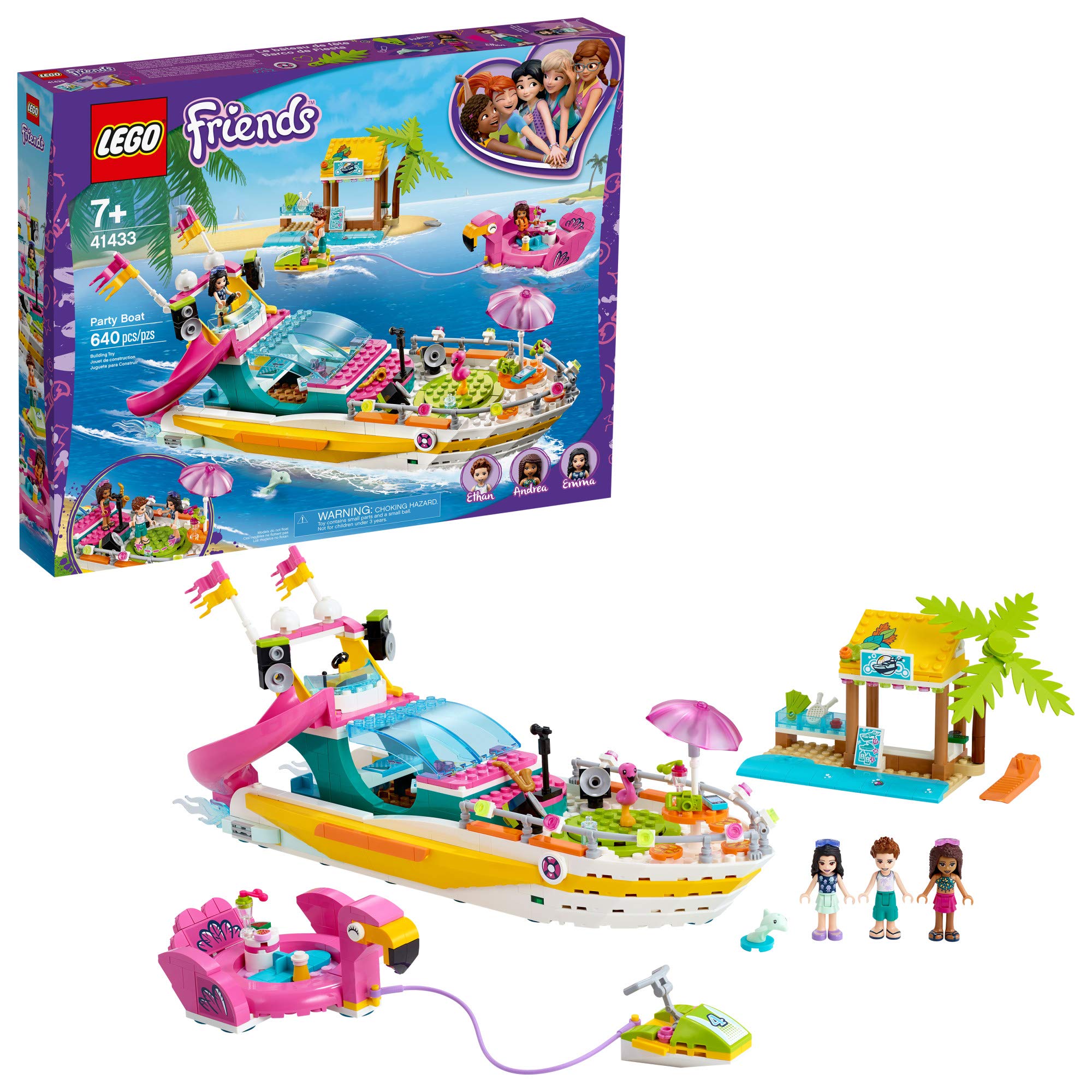 LEGO Friends Party Boat 41433 Including LEGO Friends Emma, Andrea and Ethan Mini-Doll Figures, Beach Store and Flamingo Party Boat, Great Summer Toy for Kids, New 2020 (640 Pieces)