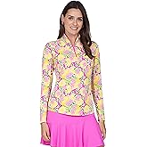 IBKUL Athleisure Wear Sun Protective UPF 50+ Icefil Cooling Tech Calista Print Long Sleeve Mock Neck Top – 10652 Hot Pink Multi Calista XL