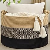 Degeyoyo 67L Large Blanket Basket, 20"x13" Woven Storage Baskets With Handle, Cotton Rope Blanket Basket Living Room, Baby Laundry hamper for Blanket, Nursery, Toy, Pillow (Brown & Black)