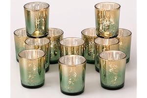 Volens Green Votive Candle Holders Set of 12, Speckles Mercury Glass Tealight Candle Holder Bulk for Table Wedding Centerpiece, Green and Gold Party Decorations & Home Decor