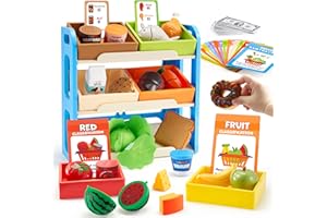 lalalark Play Food for Kids, Montessori Color Sorting Food Toy with Display Rack & 6 Boxes, Grocery Store Pretend Play Kitchen Playset for Toddlers 3+ Year Old, Christmas Birthday Gifts for Boys Girls