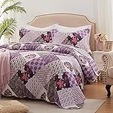 Full/Queen Size Quilt Set 3 Piece Lightweight Reversible Bedspread-90''x98'' Soft Patchwork Floral Coverlet Luxurious Warm Microfiber Bed Cover All Seasons Purple Bedding Set(1 Quilt,2 Pillow Shams)