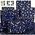 Wrapping Paper with Navy Blue and Gold Stripes Star Design - Birthday Wrapping Paper Set with Sticker Ribbon - Gift Wrapping