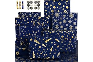 Wrapping Paper with Navy Blue and Gold Stripes Star Design - Birthday Wrapping Paper Set with Sticker Ribbon - Gift Wrapping 