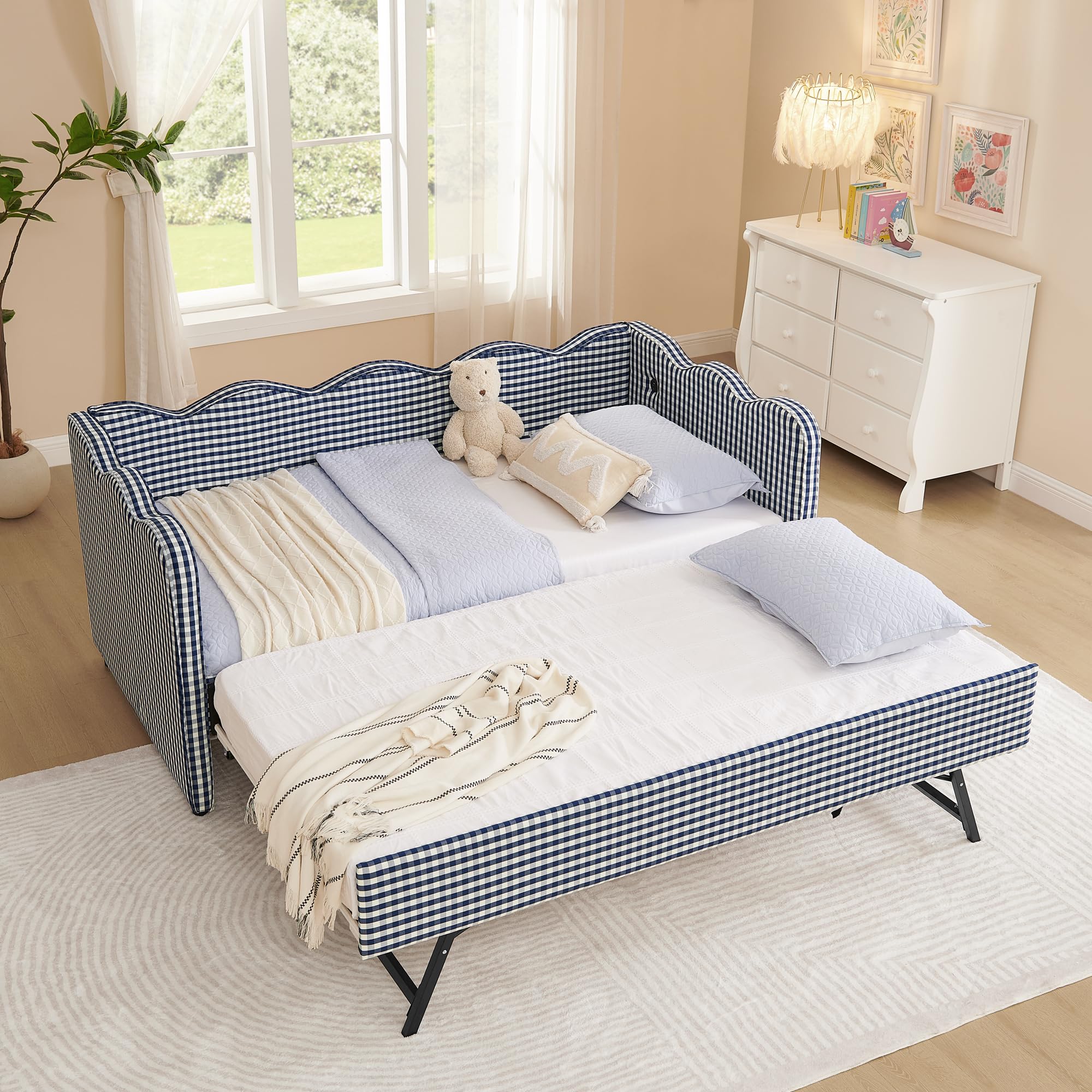 Photo 1 of *PARTIAL SET - See Clerk Notes*
KEIKI Twin Size Upholstery Daybed with Trundle and USB, Twin to King Design Adorable Wave Shaped Extendable Linen Sofa Bed, Easy Assembly, No Box Spring Required, for Living Room and Bedroom, Navy