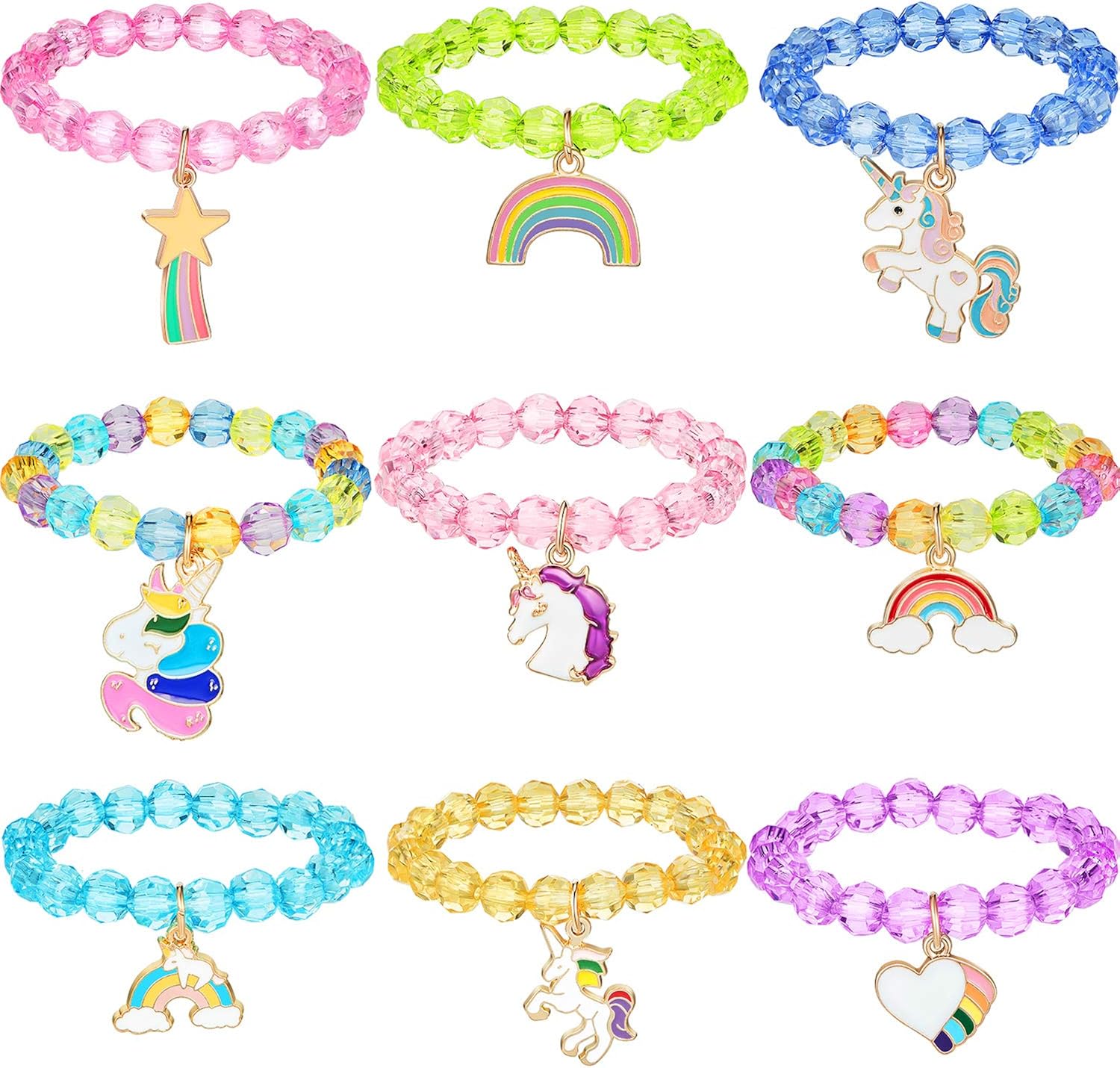 9 Stück Bunte Einhorn Armband Mädchen Einhorn Armbänder Regenbogen Einhorn Perlen Armband für Geburtstagsfeier Gefälligkeiten (Kristall Stil)