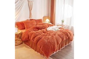 HAIHUA Fluffy Burnt Orange Comforter Cover Set Queen，Faux Fur Burnt Orange Bedding 1 Pieces(1 Plush Queen Duvet Cover) Cute Bed Set (Burnt Orange, Queen)
