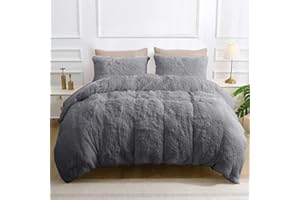 SASTTIE Fluffy Shaggy Twin Duvet Cover, 2 Pieces Luxury Plush Faux Fur Duvet Cover Set with Zipper Closure & Corner Ties, Warm Fuzzy Comforter Cover with 1 Pillowcases (Grey, 68x90)