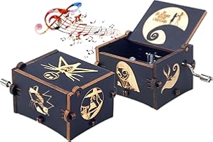 Keast Nightmare Hand Crank Musical Box Christmas, Small Wood Black Carving Music Box This is Halloween